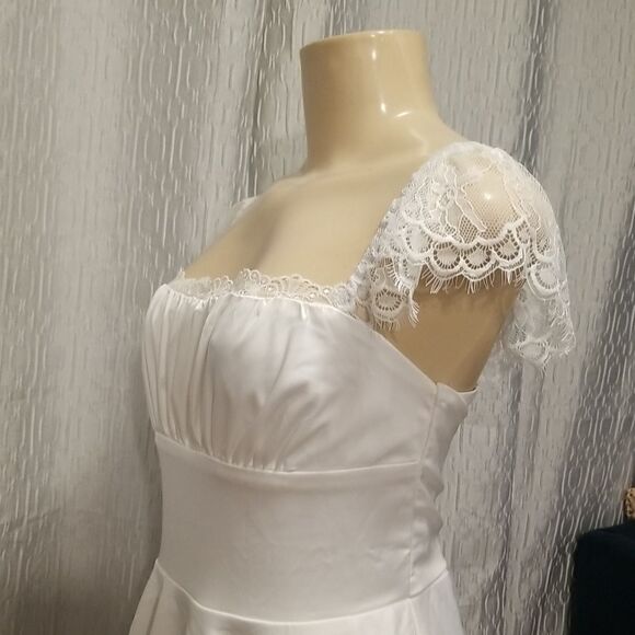 Women's Satin Lace Strap Mini Dress Square Neck Flowy A-Line Ruffle Swing Casual - Picture 9 of 15